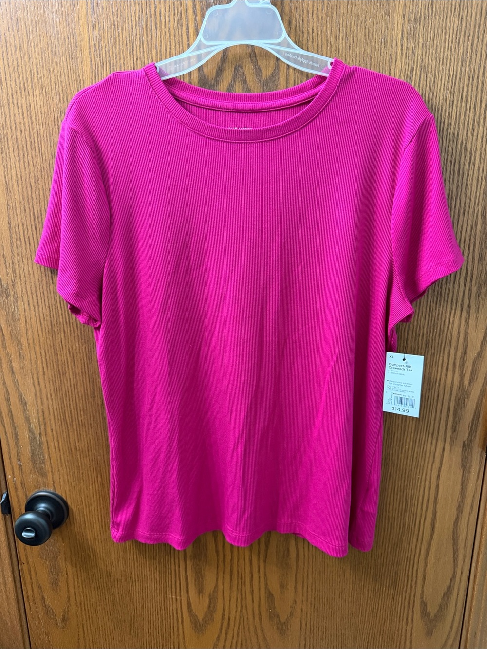 Nine West Short Sleeve Ribbed Crewneck Top - Fuchsia Pink